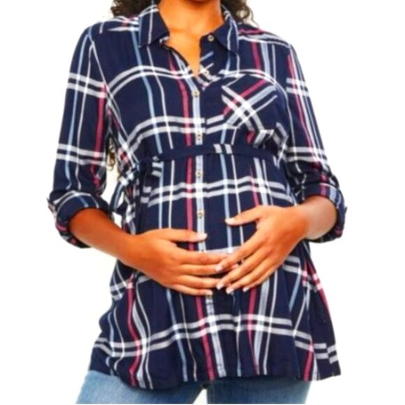 Motherhood Maternity Tops - Motherhood Maternity Navy Plaid Button Down Flannel Tunic, S NWT